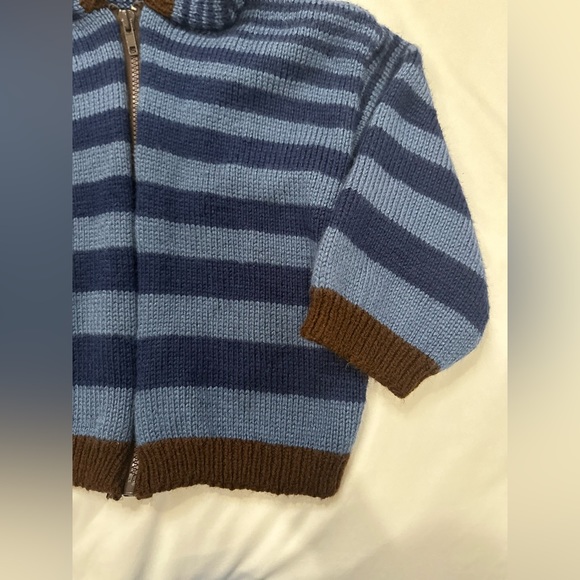 Hand-knit blue striped zip-up hooded sweater - Picture 3 of 7